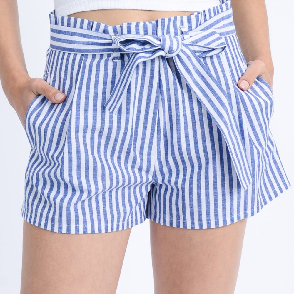High Waist Stripe Belted Paperbag Shorts